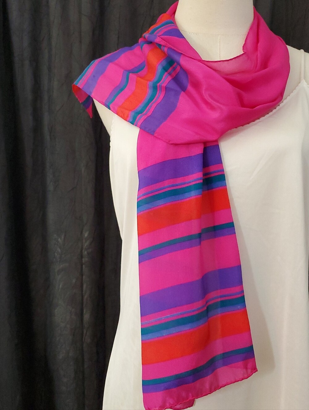 100% Silk Scarf Rolled Hem PINK STRIPED Oblong  Rectangle 51 x 11